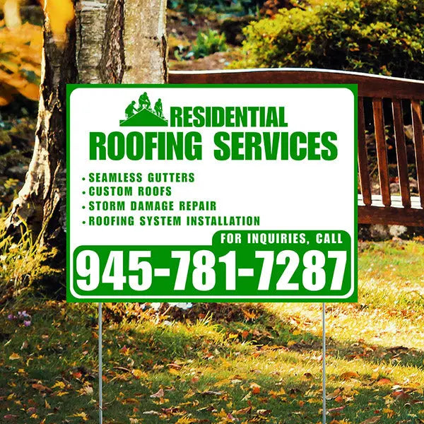 Roofers Signs - Seamless Gutters, Custom Roofs, Storm Damage Repair, Roofing System Installation - Plain White Green Design YardSigns.com