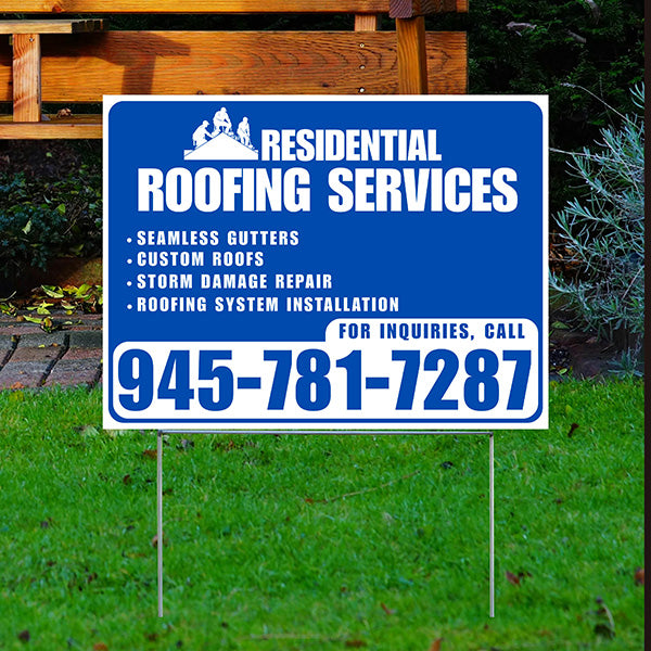 Roofers Signs - Seamless Gutters, Custom Roofs, Storm Damage Repair, Roofing System Installation - Plain White Blue Design - YardSigns.com