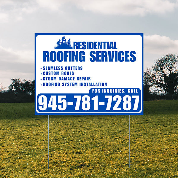 Roofers Signs - Seamless Gutters, Custom Roofs, Storm Damage Repair, Roofing System Installation - Plain White Blue Design