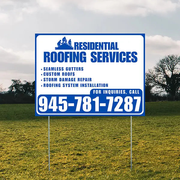 Roofers Signs - Seamless Gutters, Custom Roofs, Storm Damage Repair, Roofing System Installation - Plain White Blue Design YardSigns.com