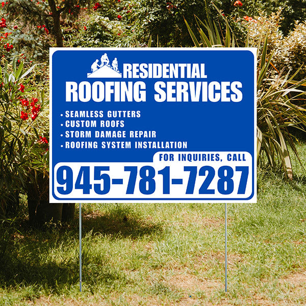 Roofers Signs - Seamless Gutters, Custom Roofs, Storm Damage Repair, Roofing System Installation - Plain Blue White Design