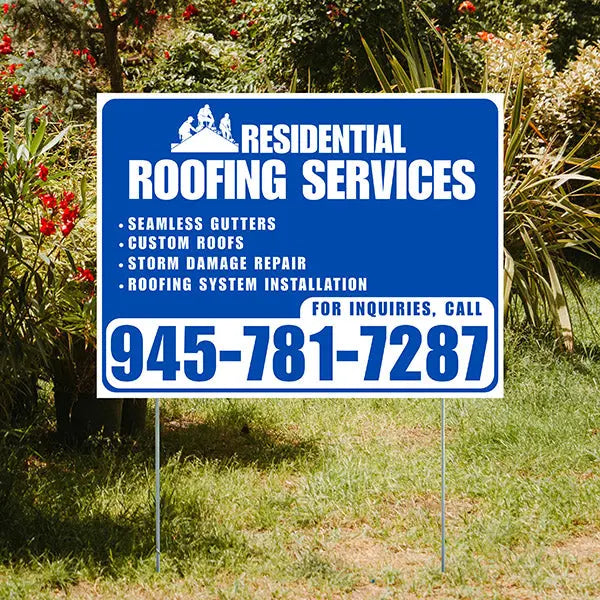 Roofers Signs - Seamless Gutters, Custom Roofs, Storm Damage Repair, Roofing System Installation - Plain Blue White Design YardSigns.com