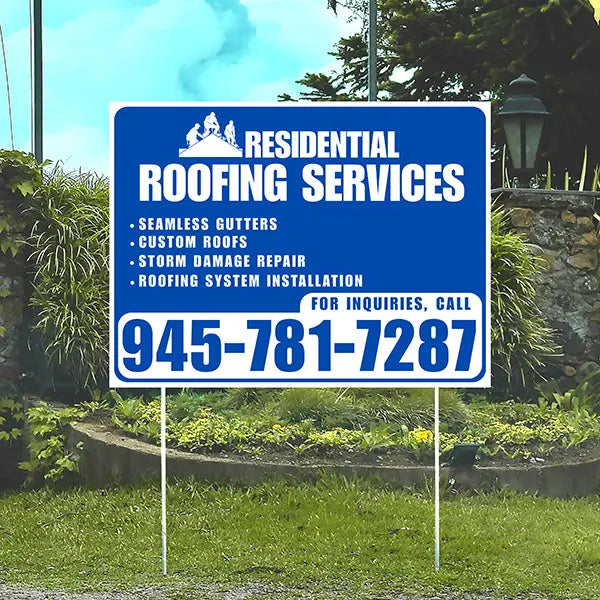 Roofers Signs - Seamless Gutters, Custom Roofs, Storm Damage Repair, Roofing System Installation - Plain Blue White Design YardSigns.com