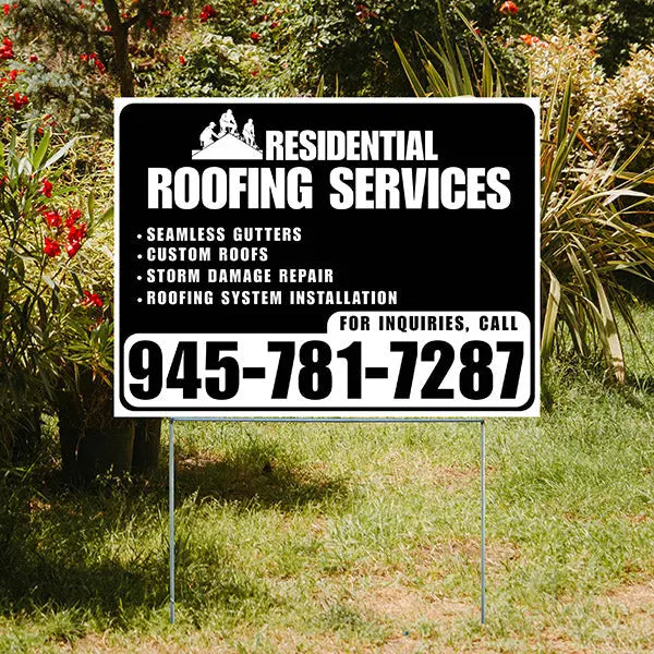 Roofers Signs - Seamless Gutters, Custom Roofs, Storm Damage Repair, Roofing System Installation - Plain White Black Design YardSigns.com