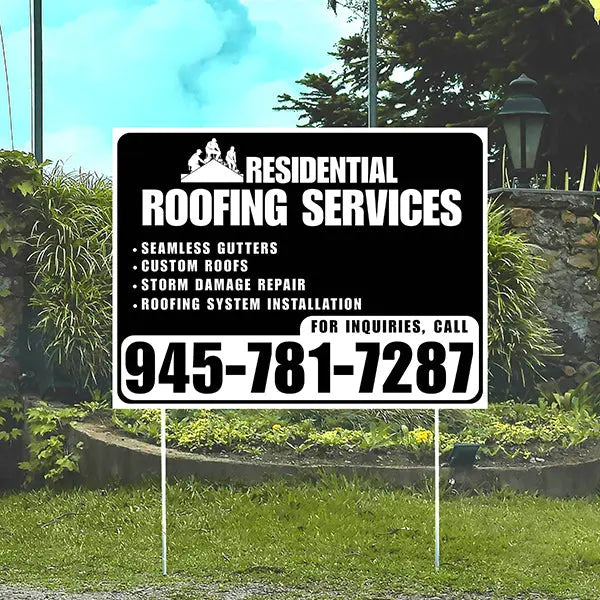 Roofers Signs - Seamless Gutters, Custom Roofs, Storm Damage Repair, Roofing System Installation - Plain White Black Design YardSigns.com