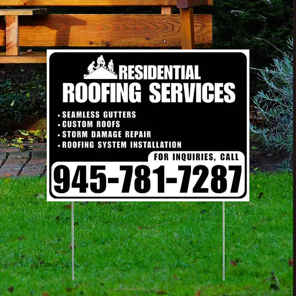 Roofers Signs - Seamless Gutters, Custom Roofs, Storm Damage Repair, Roofing System Installation - Plain White Black Design YardSigns.com