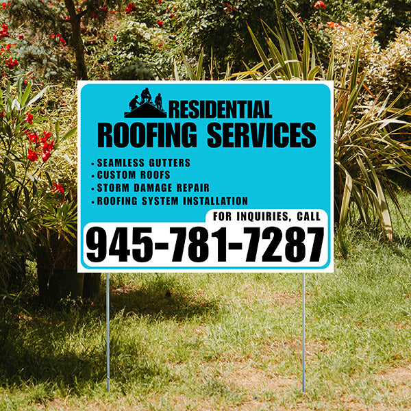 Roofers Signs - Seamless Gutters, Custom Roofs, Storm Damage Repair, Roofing System Installation - Plain Aqua Blue White Design