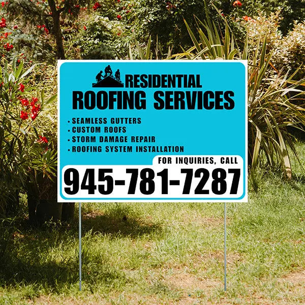 Roofers Signs - Seamless Gutters, Custom Roofs, Storm Damage Repair, Roofing System Installation - Plain Aqua Blue White Design YardSigns.com