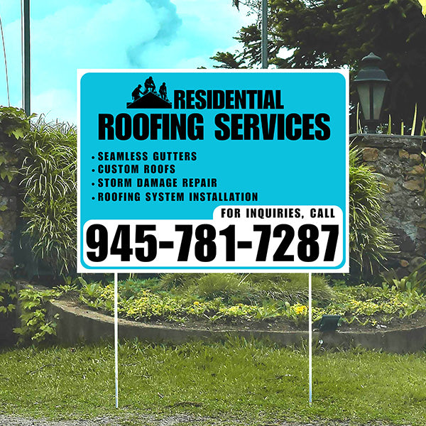 Roofers Signs - Seamless Gutters, Custom Roofs, Storm Damage Repair, Roofing System Installation - Plain Aqua Blue White Design