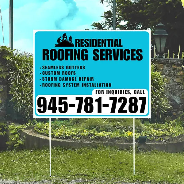 Roofers Signs - Seamless Gutters, Custom Roofs, Storm Damage Repair, Roofing System Installation - Plain Aqua Blue White Design YardSigns.com