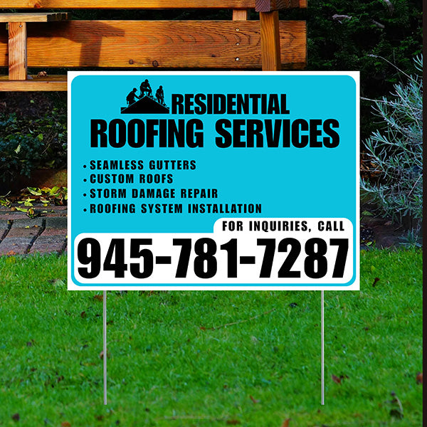 Roofers Signs - Seamless Gutters, Custom Roofs, Storm Damage Repair, Roofing System Installation - Plain Aqua Blue White Design