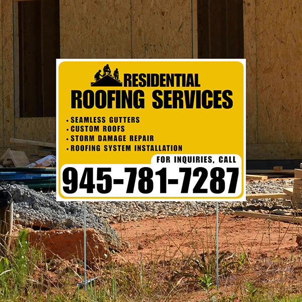 Roofers Signs - Seamless Gutters, Custom Roofs, Storm Damage Repair, Roofing System Installation - Plain White Mustard Gold Design - YardSigns.com
