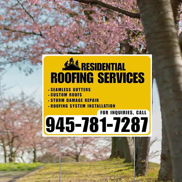 Roofers Signs - Seamless Gutters, Custom Roofs, Storm Damage Repair, Roofing System Installation - Plain Mustard Gold White Design YardSigns.com