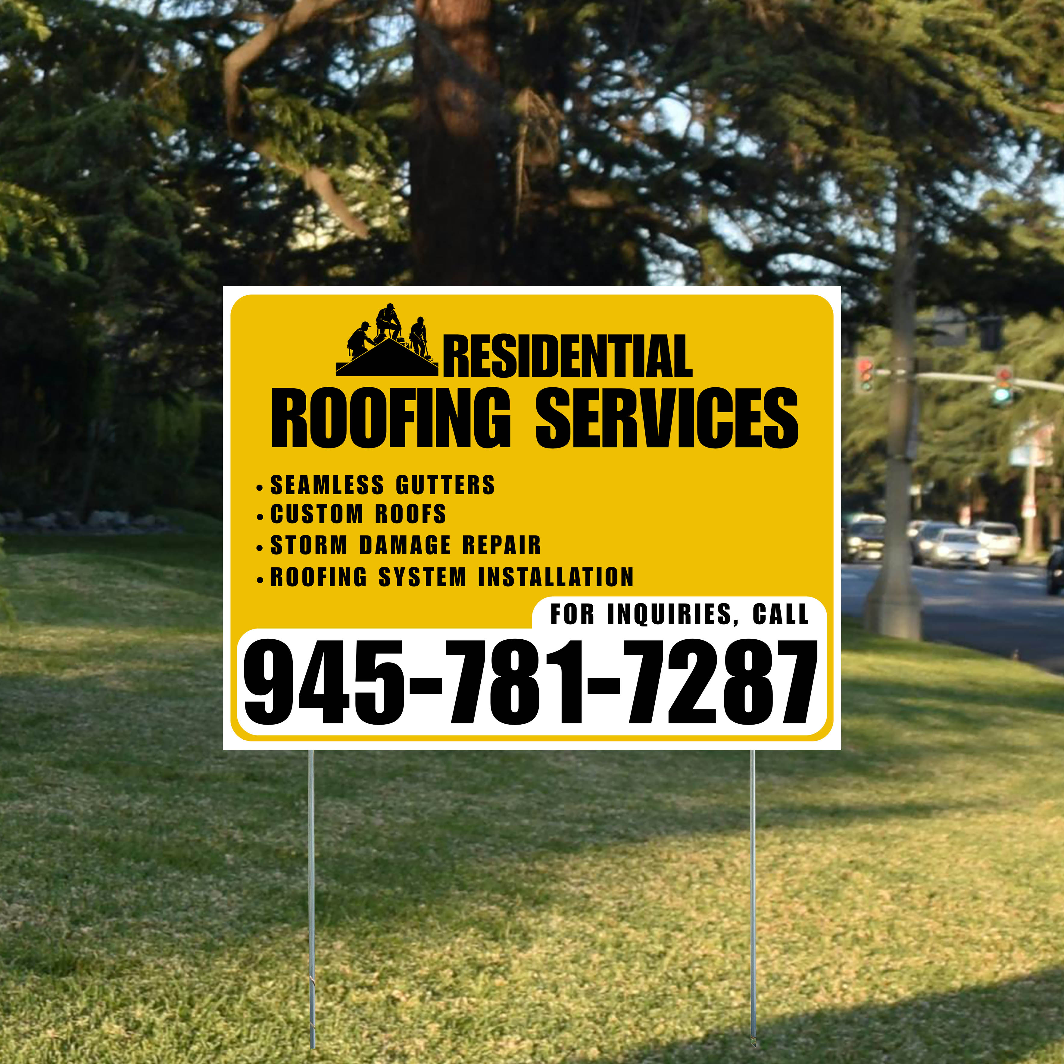 Roofers Signs - Seamless Gutters, Custom Roofs, Storm Damage Repair, Roofing System Installation - Plain White Mustard Gold Design - YardSigns.com