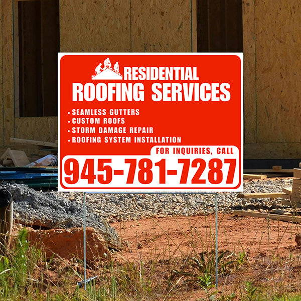 Roofers Signs - Seamless Gutters, Custom Roofs, Storm Damage Repair, Roofing System Installation - Plain White Chili Red Design - YardSigns.com