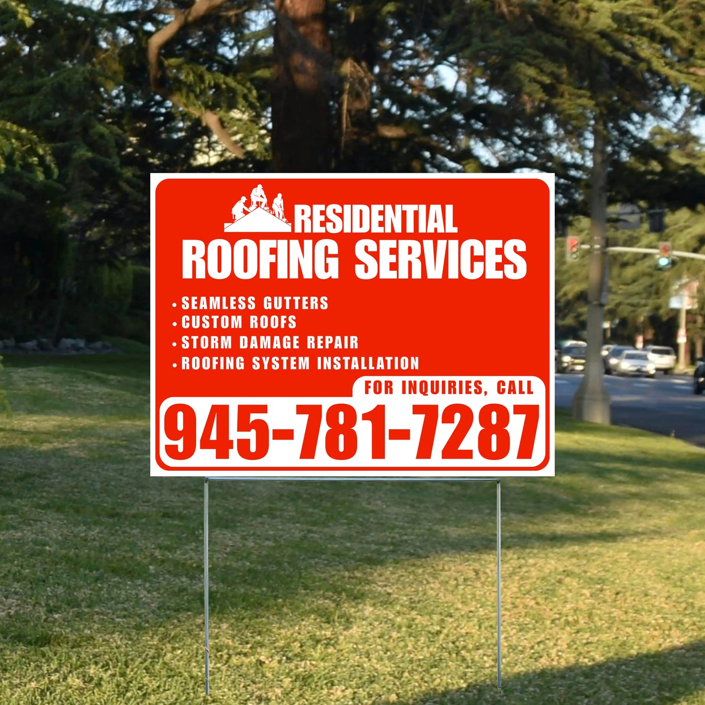 Roofers Signs - Seamless Gutters, Custom Roofs, Storm Damage Repair, Roofing System Installation - Plain Chili Red White Design YardSigns.com