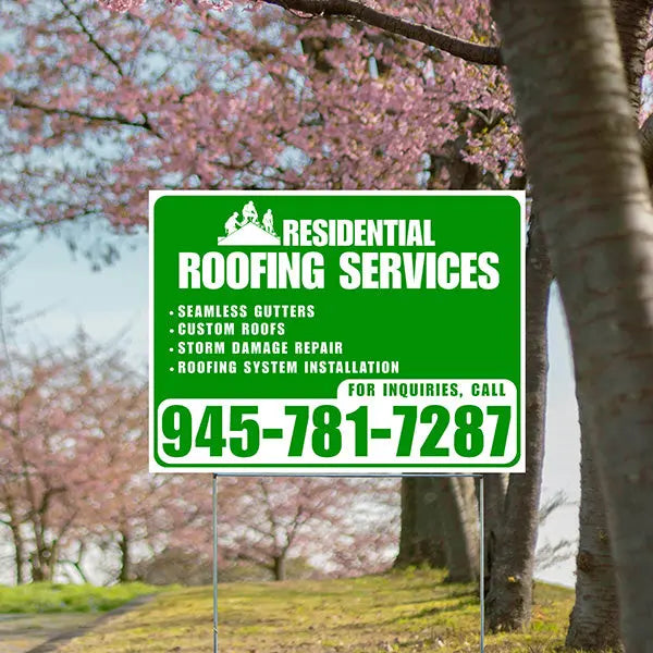 Roofers Signs - Seamless Gutters, Custom Roofs, Storm Damage Repair, Roofing System Installation - Plain Green White Design YardSigns.com