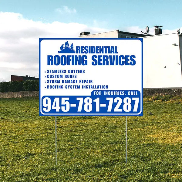 Roofers Signs - Seamless Gutters, Custom Roofs, Storm Damage Repair, Roofing System Installation - Plain White Blue Design YardSigns.com