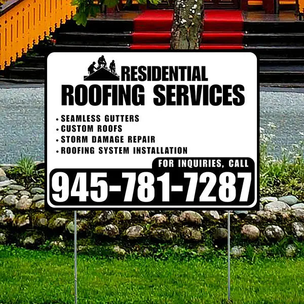 Roofers Signs - Seamless Gutters, Custom Roofs, Storm Damage Repair, Roofing System Installation - Plain Black White Design YardSigns.com