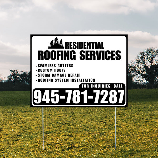 Roofers Signs - Seamless Gutters, Custom Roofs, Storm Damage Repair, Roofing System Installation - Plain Black White Design
