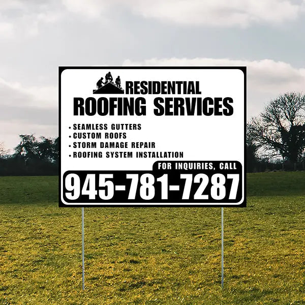 Roofers Signs - Seamless Gutters, Custom Roofs, Storm Damage Repair, Roofing System Installation - Plain Black White Design YardSigns.com