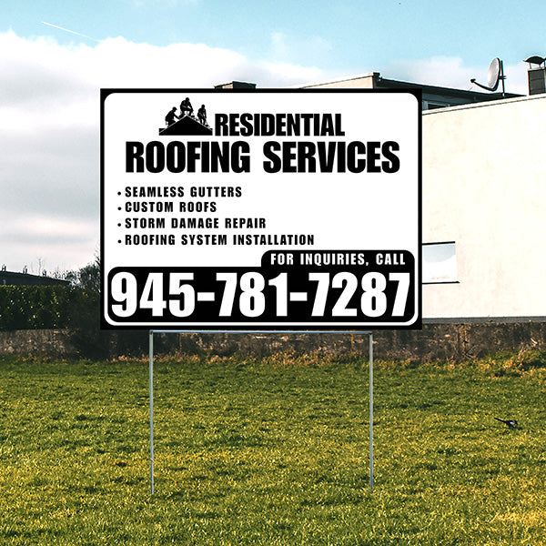 Roofers Signs - Seamless Gutters, Custom Roofs, Storm Damage Repair, Roofing System Installation - Plain Black White Design - YardSigns.com
