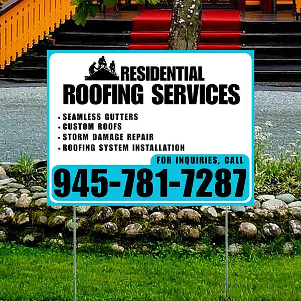 Roofers Signs - Seamless Gutters, Custom Roofs, Storm Damage Repair, Roofing System Installation - Plain White Aqua Blue Design YardSigns.com