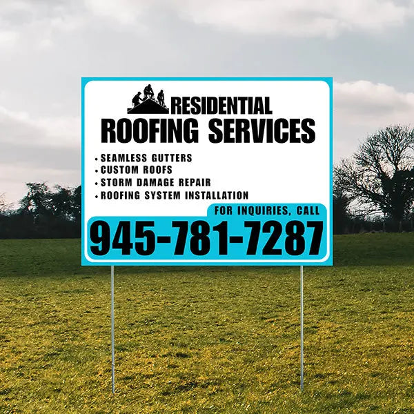 Roofers Signs - Seamless Gutters, Custom Roofs, Storm Damage Repair, Roofing System Installation - Plain White Aqua Blue Design YardSigns.com