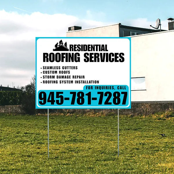 Roofers Signs - Seamless Gutters, Custom Roofs, Storm Damage Repair, Roofing System Installation - Plain White Aqua Blue Design YardSigns.com