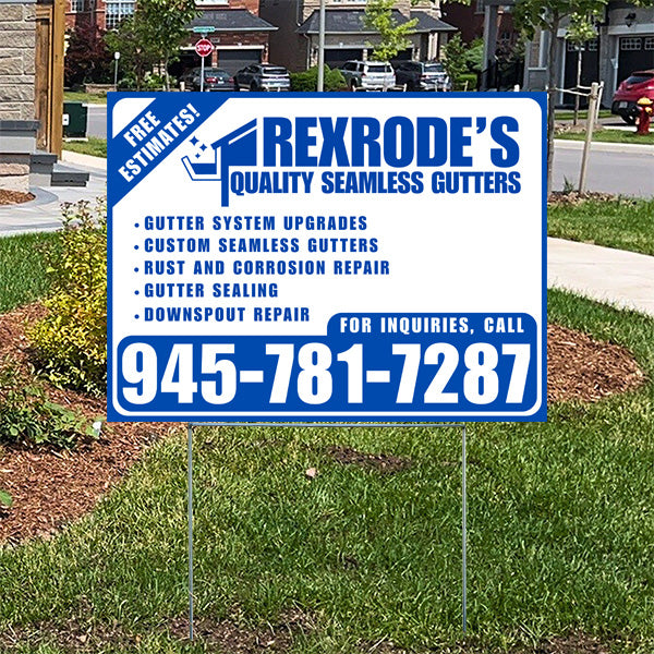 Outdoor yard sign advertising Rexrode's Quality Seamless Gutters offering services such as gutter system upgrades, custom seamless gutters, rust and corrosion repair, gutter sealing, and downspout repair, featuring contact number 945-781-7287 for inquiries and free estimates.