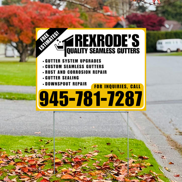 Lawn sign advertising Rexrode's Quality Seamless Gutters services including gutter system upgrades, custom seamless gutters, rust and corrosion repair, gutter sealing, and downspout repair with contact number 945-781-7287 for inquiries and free estimates.