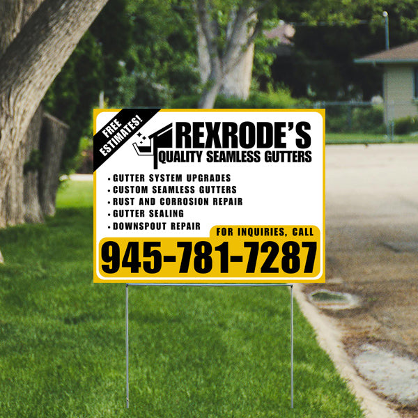 Yard sign advertising Rexrode's Quality Seamless Gutters offering services like gutter system upgrades, custom seamless gutters, rust and corrosion repair, gutter sealing, and downspout repair with contact number 945-781-7287 for inquiries and free estimates.