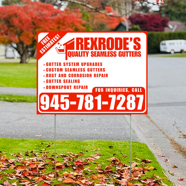 Lawn sign advertising Rexrode's Quality Seamless Gutters with services like gutter system upgrades, custom seamless gutters, rust and corrosion repair, gutter sealing, and downspout repair, featuring phone number 945-781-7287 for inquiries.