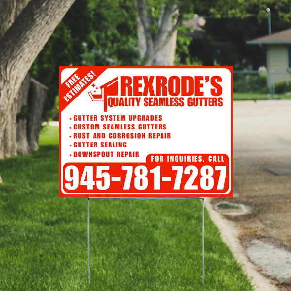 Sign in a grassy area promoting Rexrode's Quality Seamless Gutters, offering services like gutter system upgrades, custom seamless gutters, rust and corrosion repair, gutter sealing, downspout repair, with a contact number 945-781-7287 and mention of free estimates.