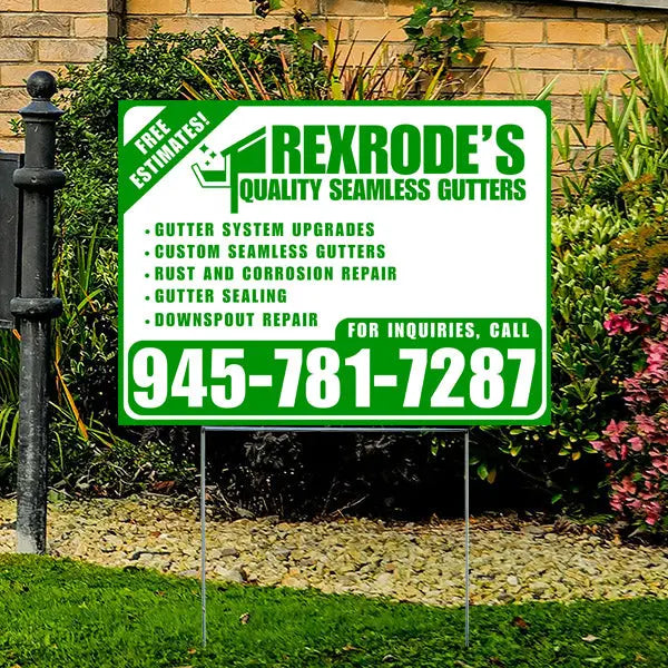 Yard sign for Rexrode's Quality Seamless Gutters with services listed including gutter system upgrades, custom seamless gutters, rust and corrosion repair, gutter sealing, and downspout repair. Features a contact number and offers free estimates.
