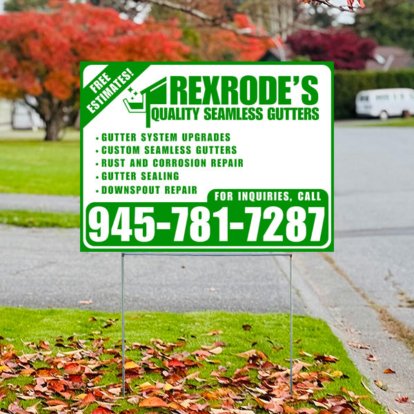 Yard sign advertising Rexrode's Quality Seamless Gutters with services including gutter system upgrades, custom seamless gutters, rust and corrosion repair, gutter sealing, and downspout repair, featuring a contact phone number for inquiries.