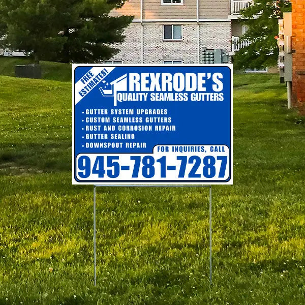 Sign for Rexrode's Quality Seamless Gutters on a lawn, offering services like gutter system upgrades, custom seamless gutters, rust and corrosion repair, gutter sealing, and downspout repair, with contact number 945-781-7287 for inquiries.