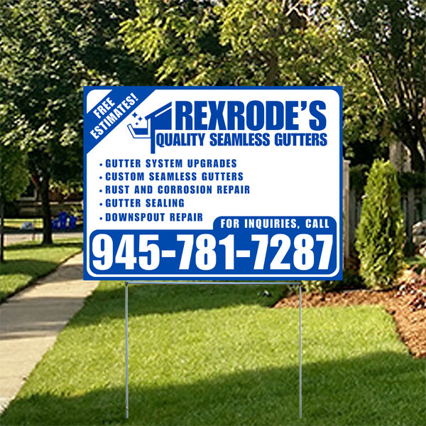 Lawn sign for Rexrode's Quality Seamless Gutters offering services like gutter system upgrades, custom seamless gutters, rust and corrosion repair, gutter sealing, and downspout repair with phone number 945-781-7287 for free estimates.