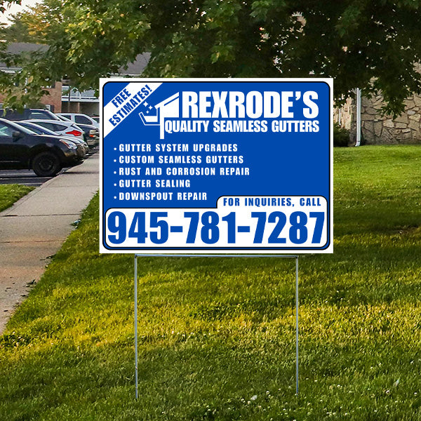 Yard sign advertising Rexrode's Quality Seamless Gutters with services like gutter system upgrades, custom seamless gutters, rust and corrosion repair, gutter sealing, and downspout repair, along with a phone number for inquiries.