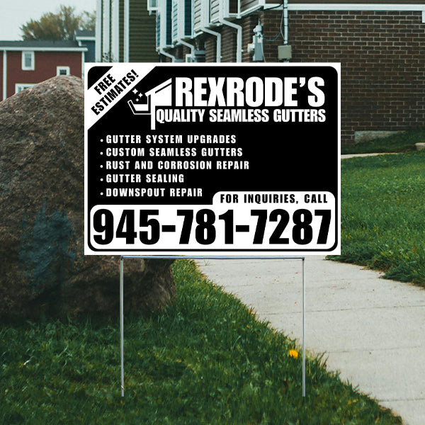 Outdoor sign for Rexrode's Quality Seamless Gutters offering services such as gutter system upgrades, custom seamless gutters, rust and corrosion repair, gutter sealing, and downspout repair with contact number 945-781-7287 for inquiries.