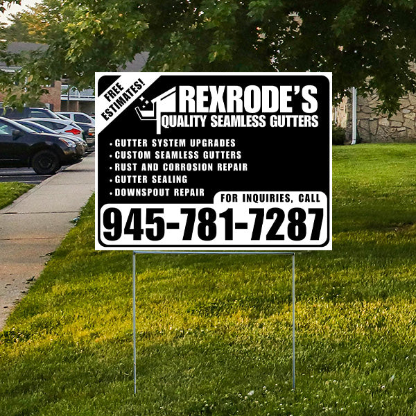 Yard sign for Rexrode's Quality Seamless Gutters offering gutter system upgrades, custom seamless gutters, rust and corrosion repair, gutter sealing, and downspout repair with phone number 945-781-7287 for inquiries.