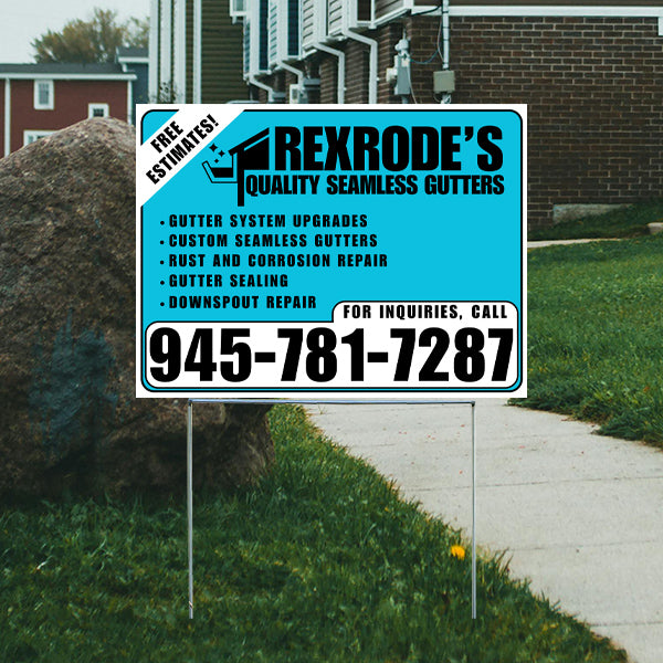 Lawn sign for Rexrode's Quality Seamless Gutters offering gutter system upgrades, custom seamless gutters, rust and corrosion repair, gutter sealing, and downspout repair with free estimates and contact number 945-781-7287.