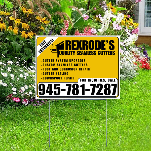 Rexrode's Quality Seamless Gutters yard sign offering gutter system upgrades, custom seamless gutters, rust and corrosion repair, gutter sealing, downspout repair with contact number 945-781-7287 placed on a lawn with colorful flowers.