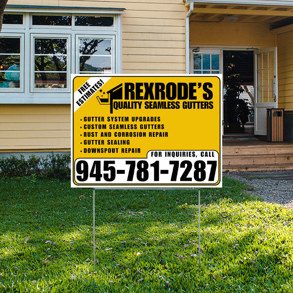 Lawn sign advertising Rexrode's Quality Seamless Gutters with services like gutter system upgrades, custom seamless gutters, rust and corrosion repair, gutter sealing, and downspout repair. Free estimates available. Contact number 945-781-7287.