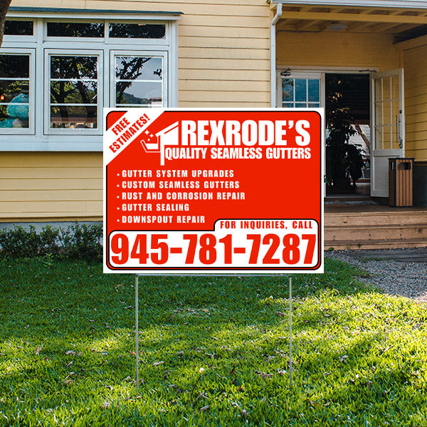 Lawn sign in front of a house advertising Rexrode's Quality Seamless Gutters with services like gutter system upgrades, custom seamless gutters, rust and corrosion repair, gutter sealing, and downspout repair, featuring a contact number 945-781-7287.
