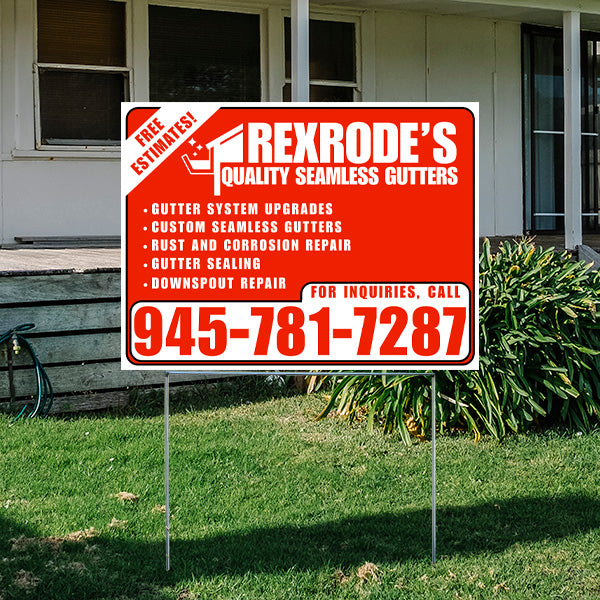 Outdoor yard sign advertising Rexrode's Quality Seamless Gutters, offering services such as gutter system upgrades, custom seamless gutters, rust and corrosion repair, gutter sealing, and downspout repair, with a contact number 945-781-7287.