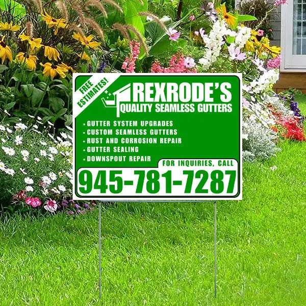 Roofers Signs - Gutter System Upgrades, Custom Seamless Gutters, Rust and Corrosion Repair, Gutter Sealing, Downspout Repair - Plain Green White YardSigns.com