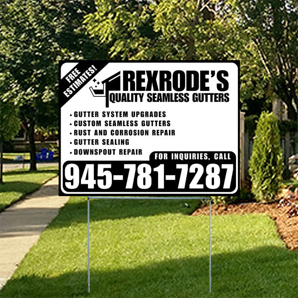 Rexrode's Quality Seamless Gutters sign offering free estimates for gutter system upgrades, custom seamless gutters, rust and corrosion repair, gutter sealing, and downspout repair with contact number 945-781-7287, displayed on a lawn.