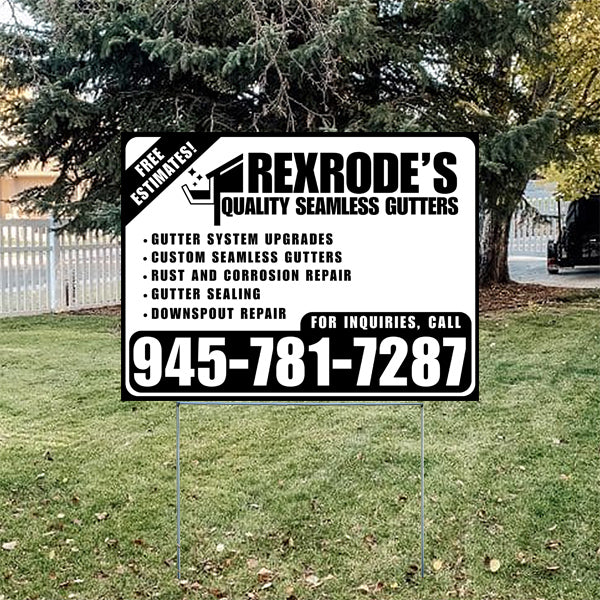 Lawn sign advertising Rexrode's Quality Seamless Gutters with phone number 945-781-7287, offering gutter system upgrades, custom seamless gutters, rust and corrosion repair, gutter sealing, and downspout repair, featuring free estimates.