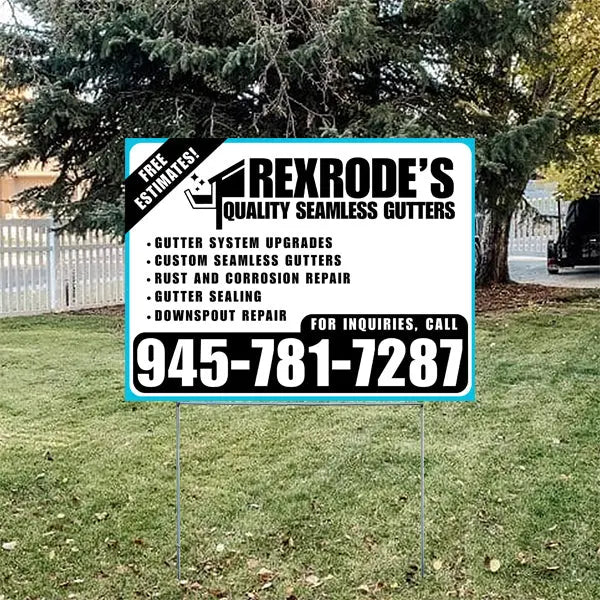 Lawn sign advertising Rexrode's Quality Seamless Gutters services including gutter system upgrades, custom seamless gutters, rust and corrosion repair, gutter sealing, and downspout repair with a phone number for inquiries.
